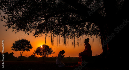 Guru purnima respect shown by student to spiritual teacher at sunset