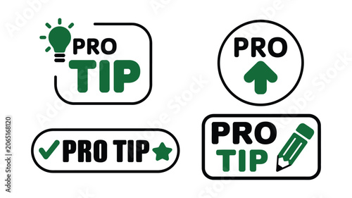 Pro tip badges and expert advice label set featuring professional tip stickers, tutorial markers, best practice seals, and helpful hint vector icons.