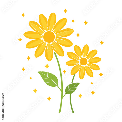 Yellow Daisies with Green Leaves and Sparkles
