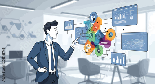 Businessman presenting data analysis charts.