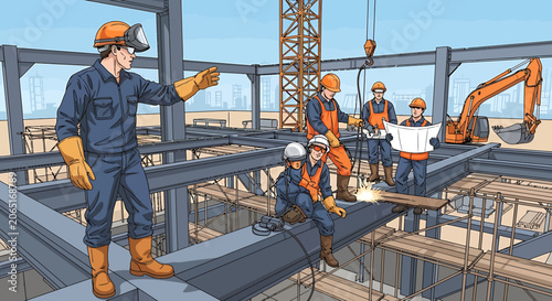 Construction workers on a building site.