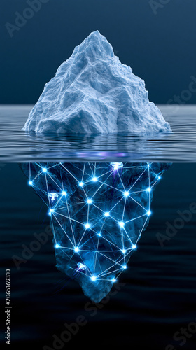 Iceberg with a glowing digital network beneath the surface, symbolizing hidden data, artificial intelligence, cybersecurity, deep insights and unseen technological infrastructure.