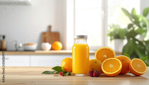 Freshly Squeezed Orange Juice in a Bottle with Oranges on a Kitchen Countertop.