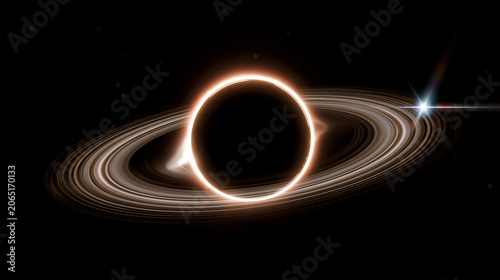 Glowing black hole surrounded by a vibrant accretion disk with swirling blue and orange cosmic light in deep space.