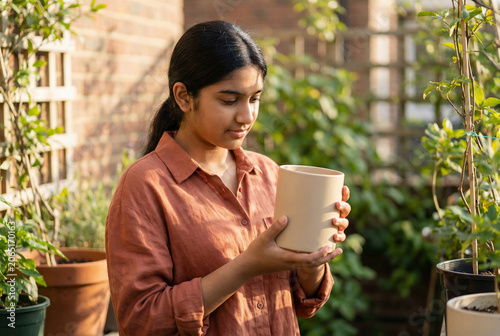 Young Indian woman holding ceramic flower pot in sunny garden nursery backyard during golden hour warm sunlight