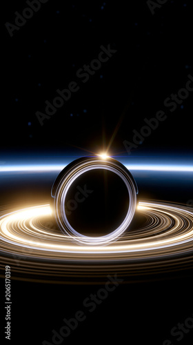 Colorful accretion disk swirling around a black hole in deep space with glowing blue and orange cosmic light.