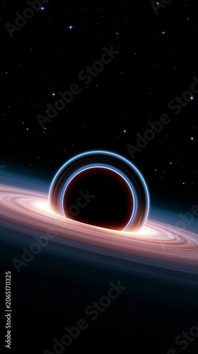 Colorful accretion disk swirling around a black hole in deep space with glowing blue and orange cosmic light.
