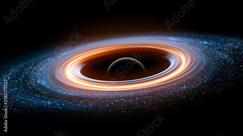 Colorful accretion disk swirling around a black hole in deep space with glowing blue and orange cosmic light.