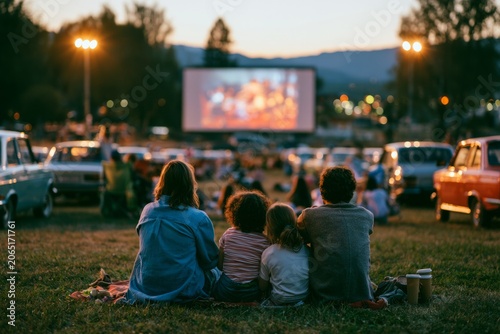 Family watching movie at outdoor drive-in cinema during dusk