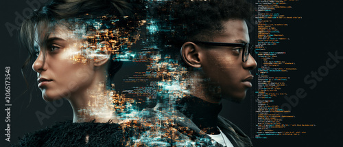 Young woman and man in profile with coding visuals blending together  