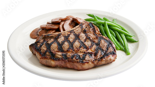Photography Grilled T-bone steak with green beans and sliced mushrooms