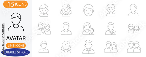 Avatar and user profile line icons. Vector people and family person symbols with editable stroke.