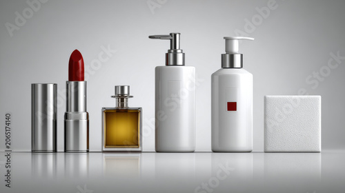 Minimalist cosmetic mockup set with lipstick perfume and white pump bottles on reflective background