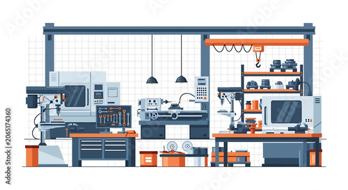Industrial workshop with computer workstations.