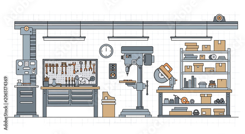 Industrial workshop with machinery tools.