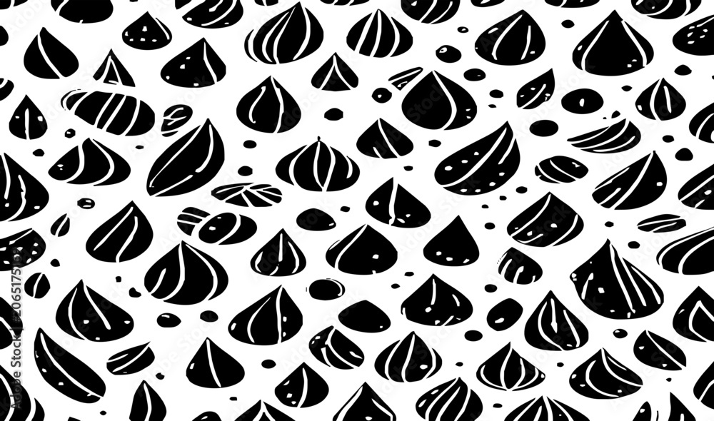 Fototapeta premium This dynamic pattern showcases an array of organic shapes reminiscent of botanical buds, leaves, or droplets.