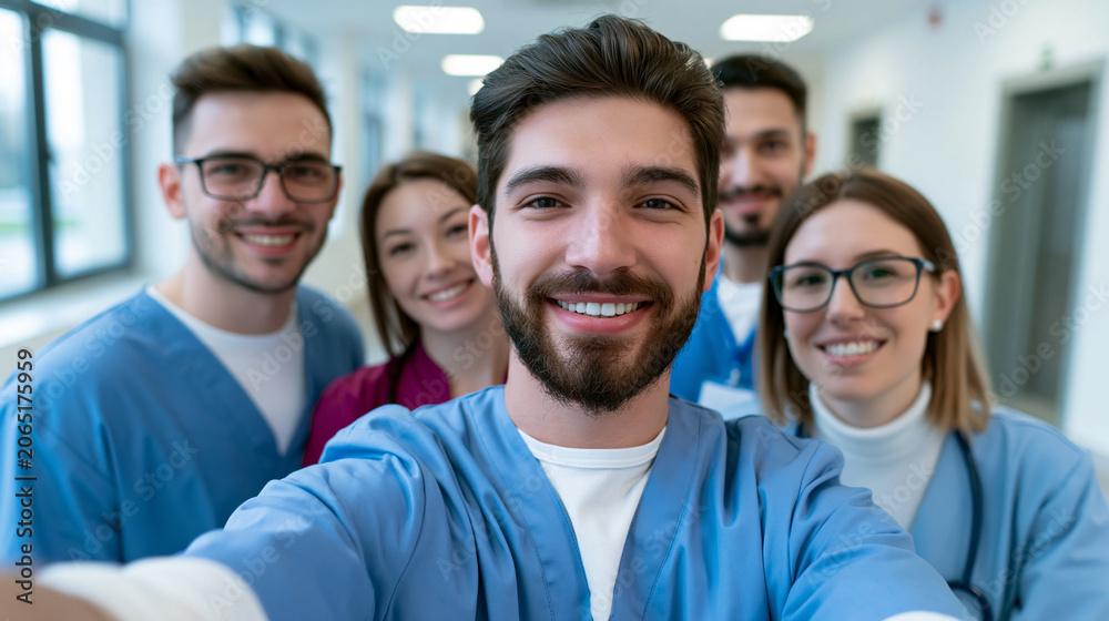 Fototapeta premium Group of smiling healthcare professionals taking selfie in medical facility, representing teamwork, collaboration and positive workplace culture.