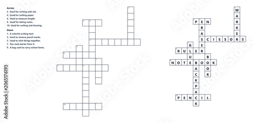School Supplies Crossword Activity Sheet, Crossword solution sheet
