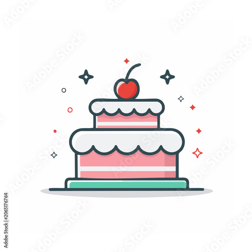Flat design birthday cake icon with cherry