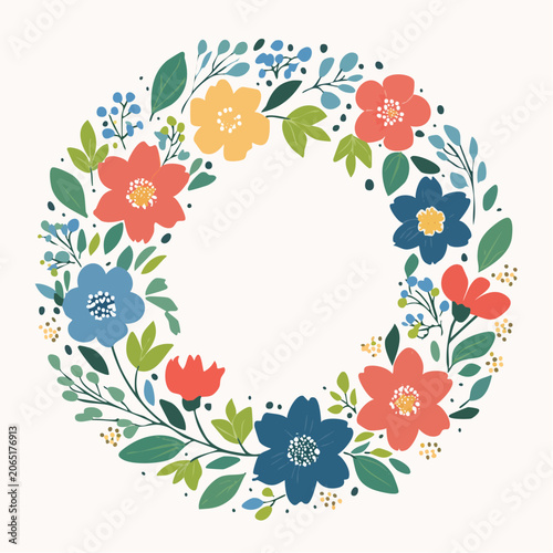Floral Wreath with Colorful Flowers and Green Leaves