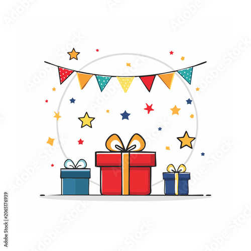 Gift boxes with party banner and stars