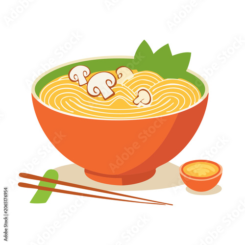 Illustration of a bowl of noodles with mushrooms and chopsticks