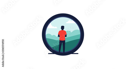 Person Observing Scenic Mountain Landscape Through Lens View.