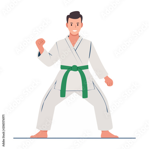 Karate fighter in white gi with green belt