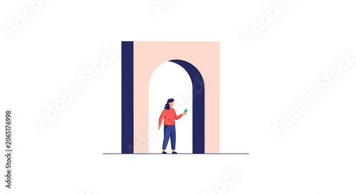 Person standing beneath abstract archway holding phone.