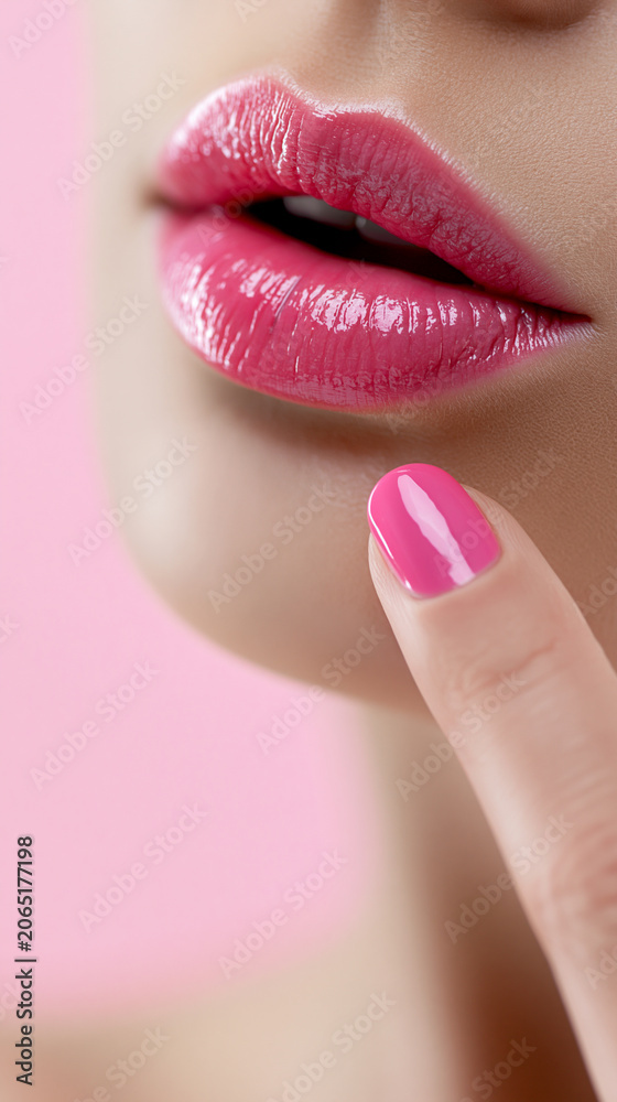 Naklejka premium Glossy lips with pink lipstick and manicured nail applying lip gloss, highlighting beauty, cosmetics and skincare detail.
