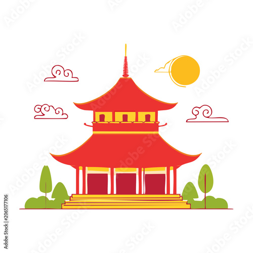 Red Asian Pagoda with Sun and Clouds Illustration