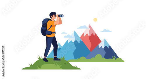 Hiker capturing breathtaking mountain scenery with camera outdoors.