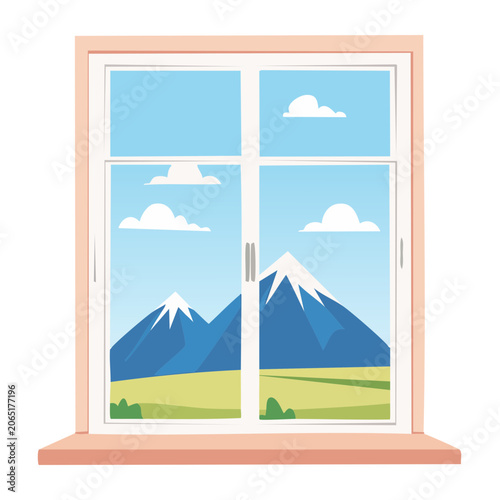 Window with mountain and sky view illustration