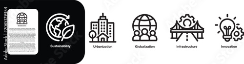 Sustainability, Urbanization, Globalization, Infrastructure, and Innovation Icon Set, Sustainability Urbanization Globalization Infrastructure Innovation thin line icon