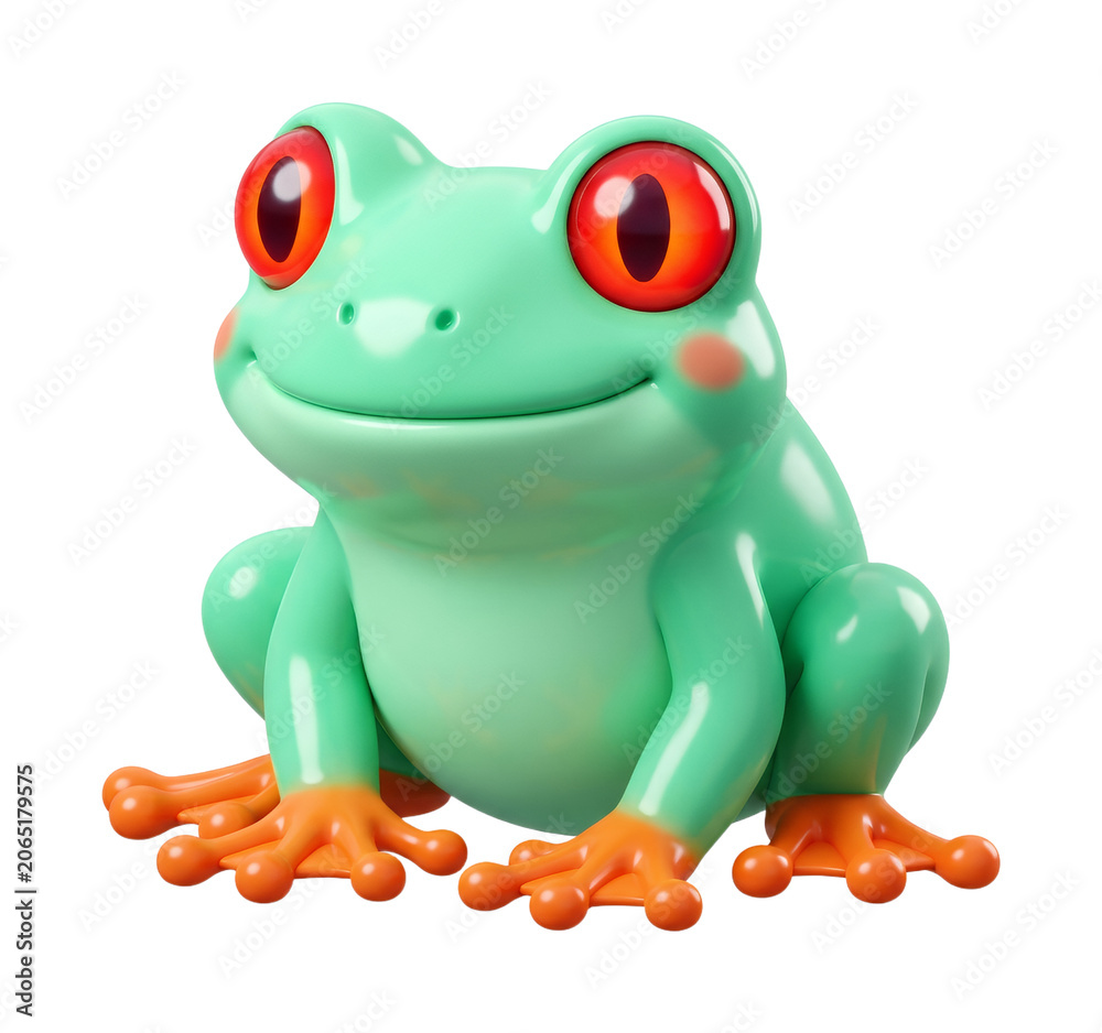 Fototapeta premium Cute 3D red-eyed tree frog character with glossy texture isolated on transparent background
