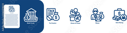 Konstfotografi Financial Crime and Corruption Icon Set, ax Evasion, Abuse of Power, Sleaze Dark