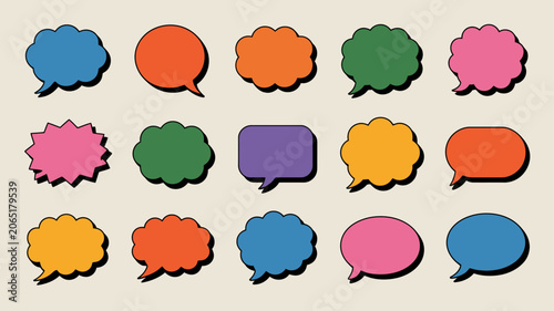 Collection of fifteen colorful speech bubbles in a flat vector style against a beige background speechbubble speech bubble dialogue conversation