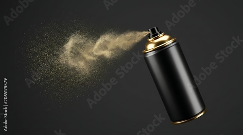 Black Spray Can Dispensing Golden Glitter Particles on Dark Background.