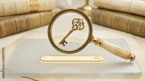 Magnifying Glass Focuses on Antique Key Over Old Books.