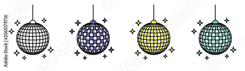Set of colorful disco ball icons with sparkles for party, nightlife, and music event design