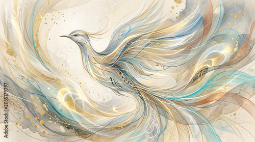 Abstract watercolor phoenix bird illustration in gold, blue, and rust tones with flowing line art wings