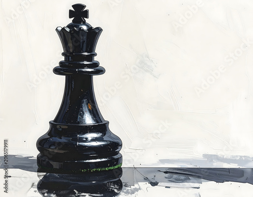 Black chess queen piece standing on a reflective surface