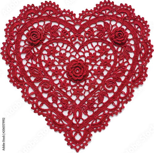 Red Crochet Lace Heart Doily with Rose Details 