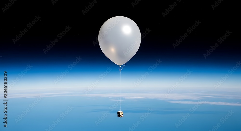 Obraz premium White balloon ascending into space above earth atmosphere edge