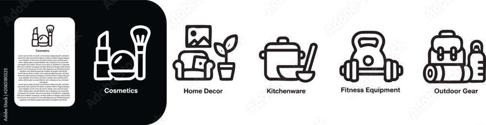 Fototapeta premium Cosmetics, Home Decor, Kitchenware, Fitness Equipment, and Outdoor Gear Icon Set, Cosmetics, Home Decor, Kitchenware, Fitness Equipment, Outdoor Gear thin line icon