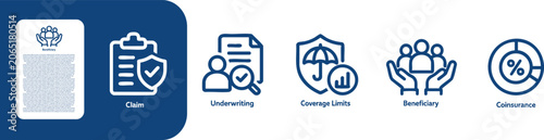 Insurance Policy and Claim Related Icon Elements Collection, claim ,Underwriting ,Coverage Limits, Beneficiary, Coinsurance thin line icon