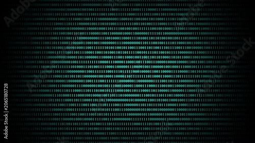 Abstract digital data stream scrolling across dark background with binary code, representing programming, cybersecurity, and digital information flow in dynamic motion.