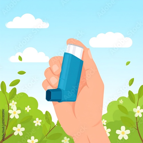 A hand holds a blue asthma inhaler against a serene blue sky with white clouds and green leafy trees
