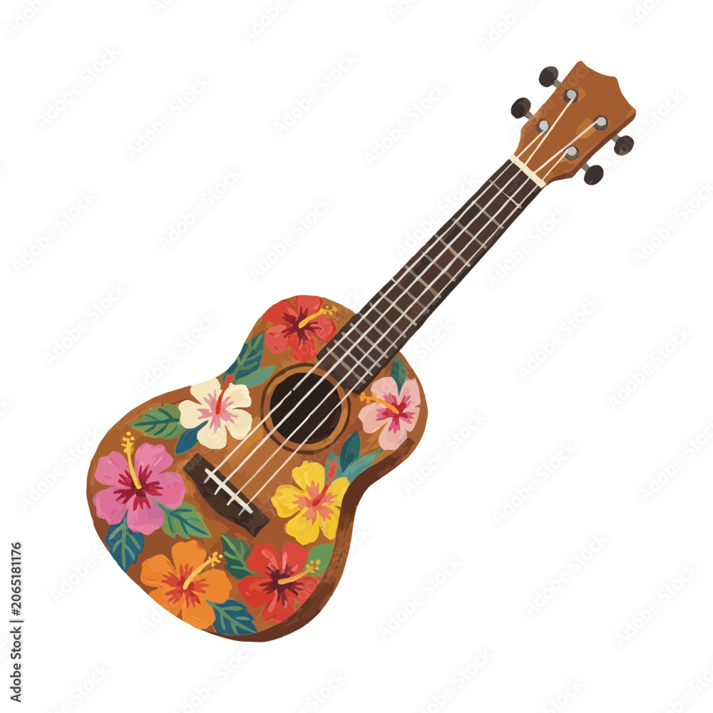 Obraz premium Hawaiian Ukulele with Colorful Hibiscus Flowers