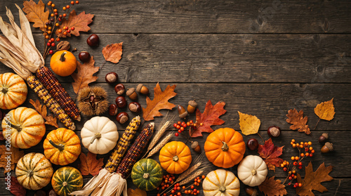autumn harvest thanksgiving background with colorful pumpkins indian corn and dry leaves on wood